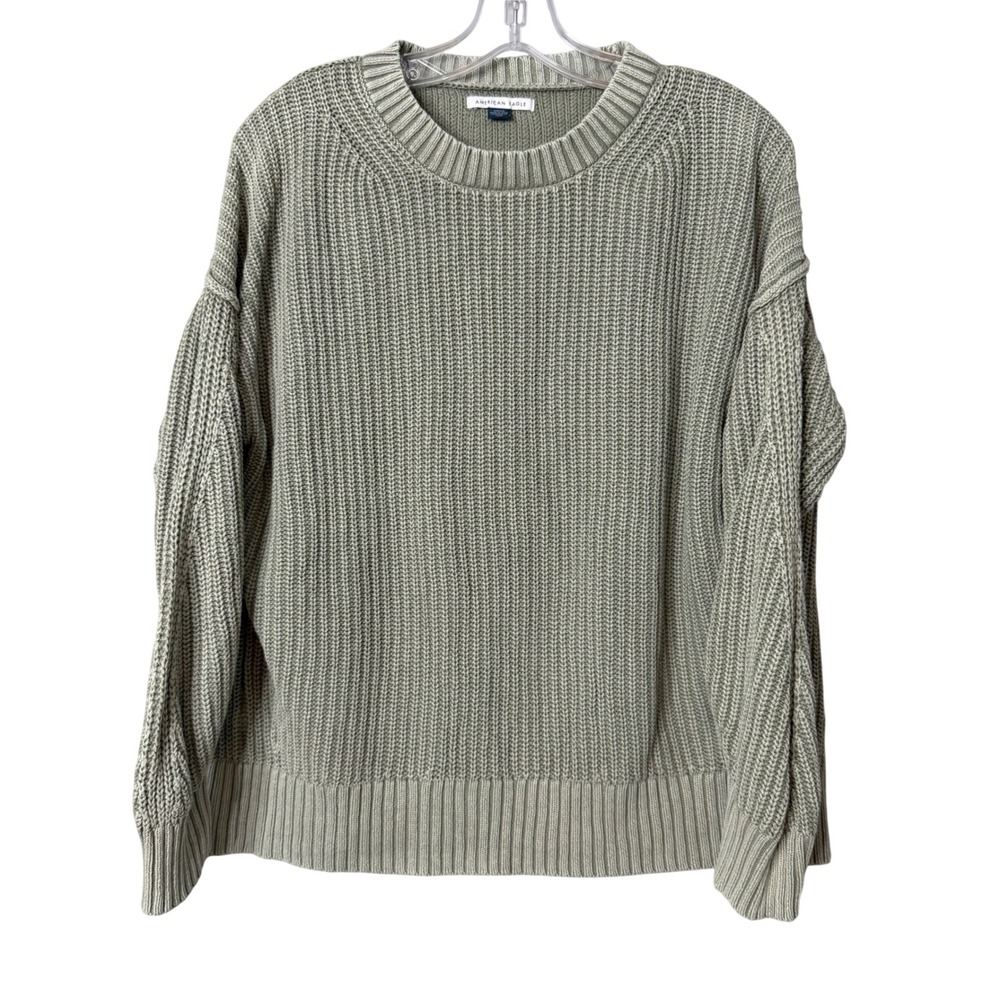 American Eagle Sweater Womens Small Sage Green Shaker Knit Cotton Crewneck